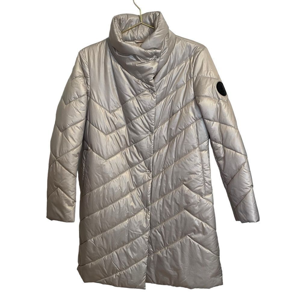 Aquatalia Womens Metallic Chevron Quilted Puffer Coat Funnel Neck Gold Italy 38